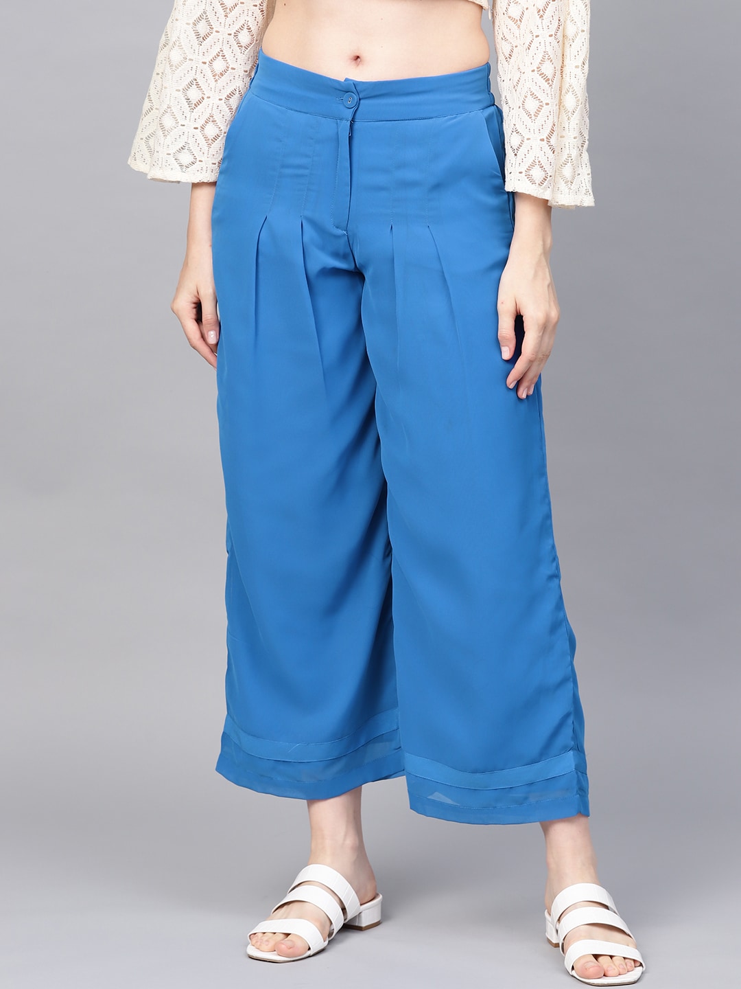 WISHFUL by W Women Blue Loose Fit Solid Parallel Trousers Price in India