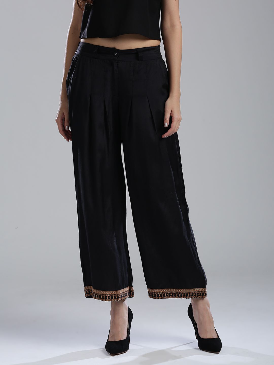 WISHFUL by W Women Black Regular Fit Solid Parallel Trousers Price in India