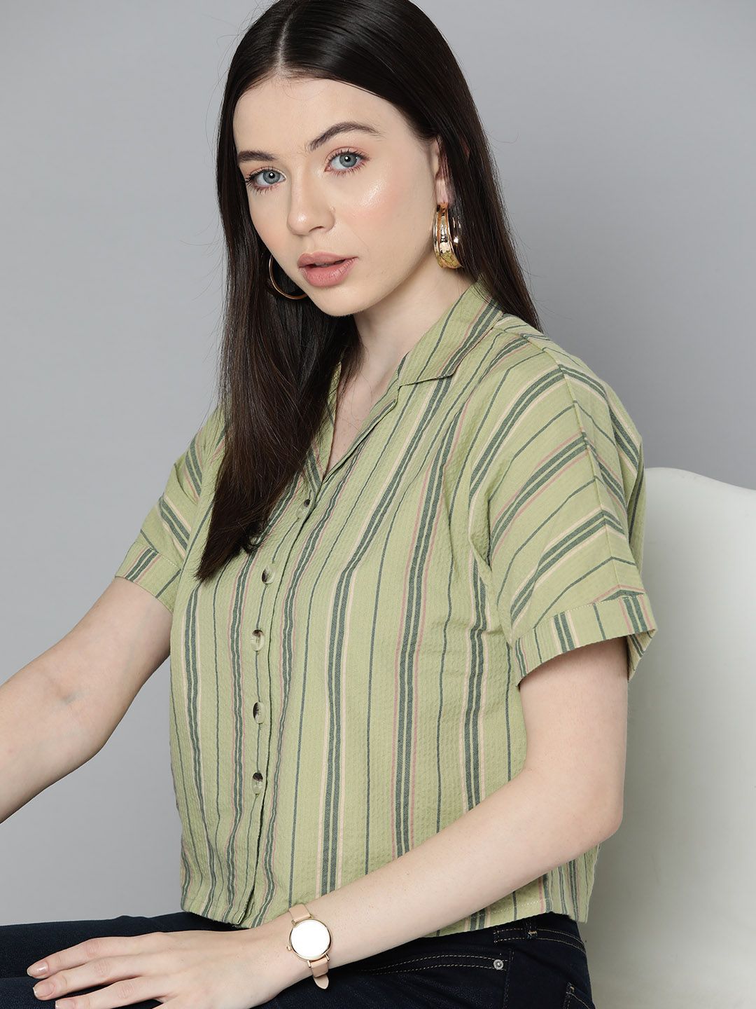 Chemistry Pure Cotton Striped Boxy Casual Shirt