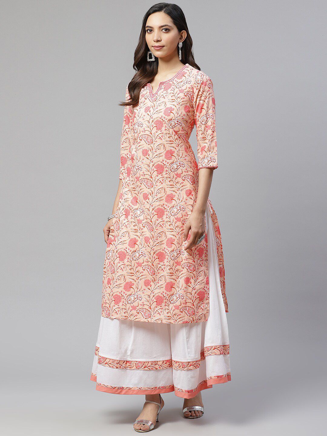 Divena Women Peach-Coloured Floral Embroidered Sequinned Pure Cotton Kurta with Palazzos Price in India