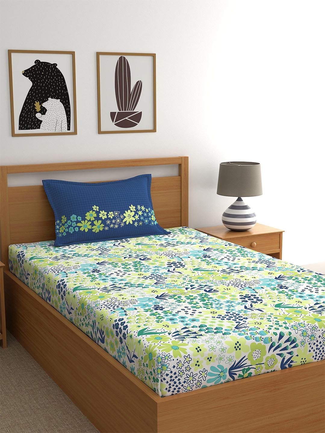 Home Ecstasy Blue & Green Floral Pure Cotton 140 TC Single Bedsheet with 1 Pillow Covers