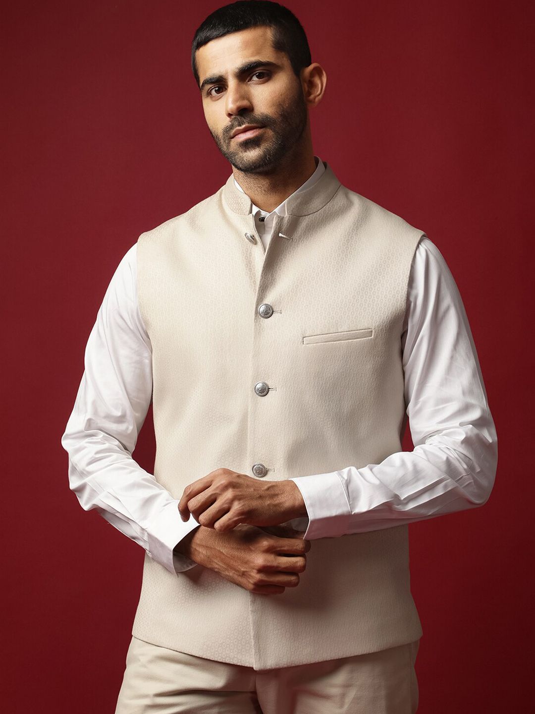RARE RABBIT Men Beige Tailored Fit Sleeveless Mandarin Collar Bandhgala