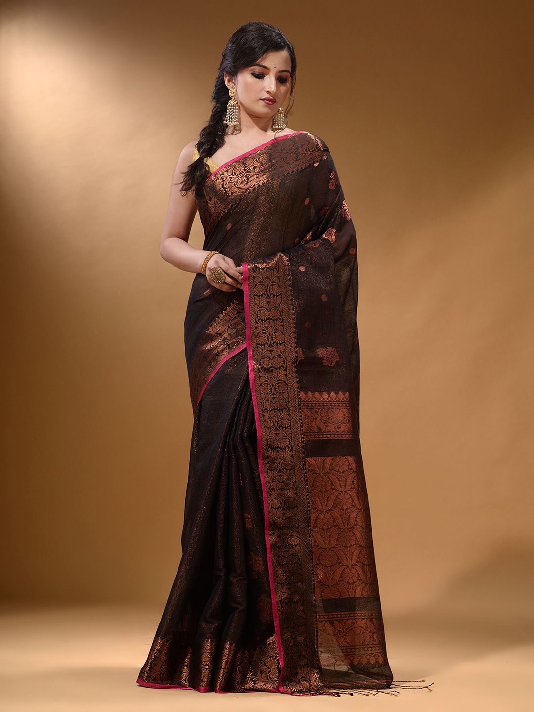 Arhi Black & Gold-Toned Woven Design Zari Saree Price in India