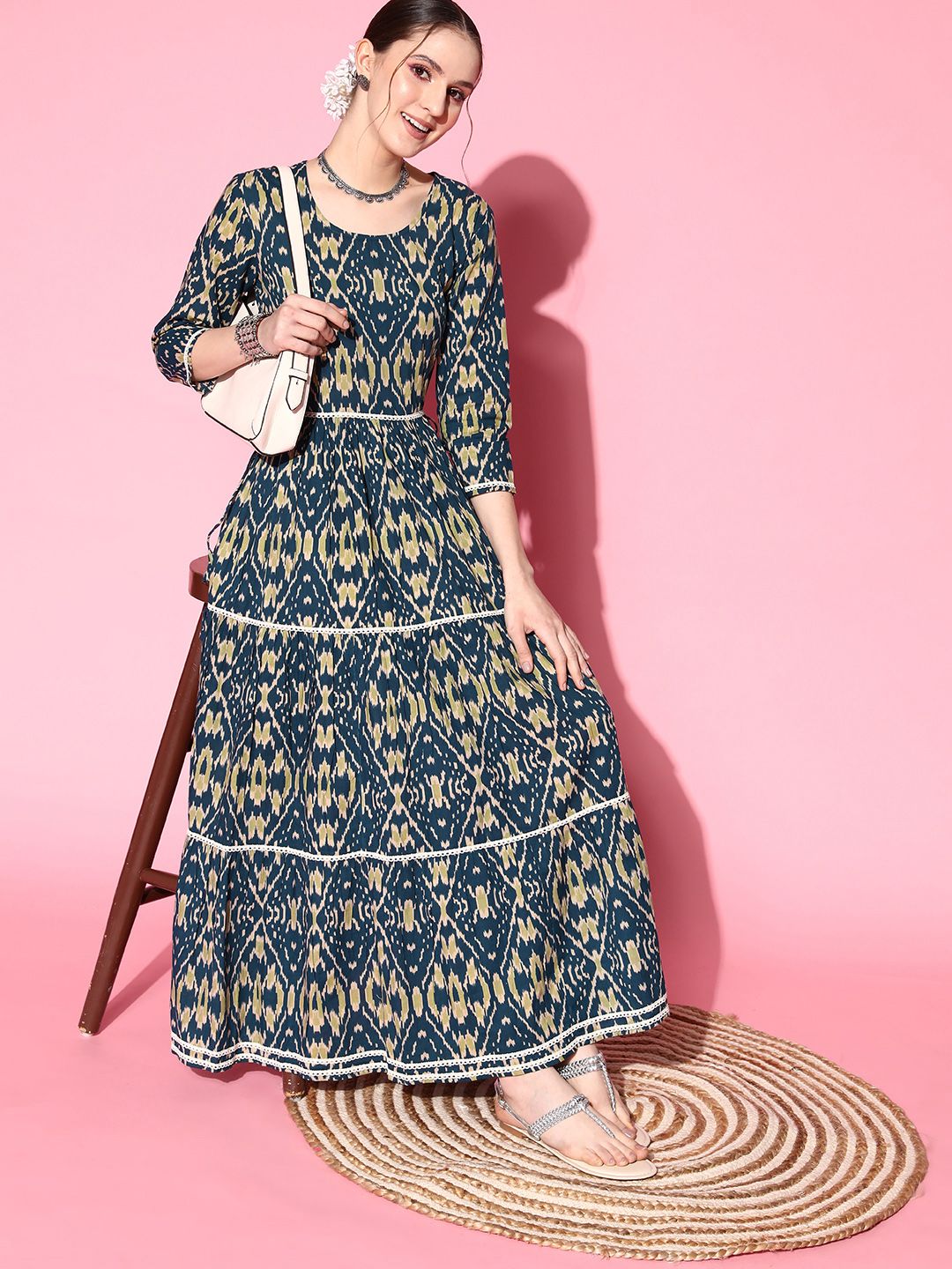 InWeave Navy Blue Ikat Print Tiered A-Line Maxi Ethnic Dress Price in India