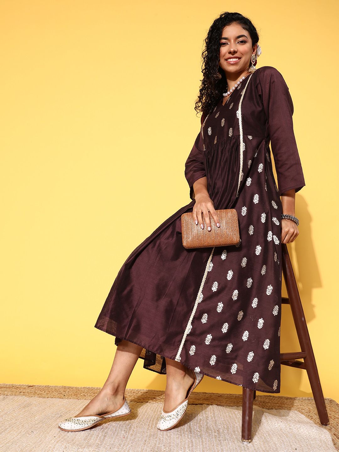 Inddus Brown Ethnic Motifs Zari Midi Dress Price in India