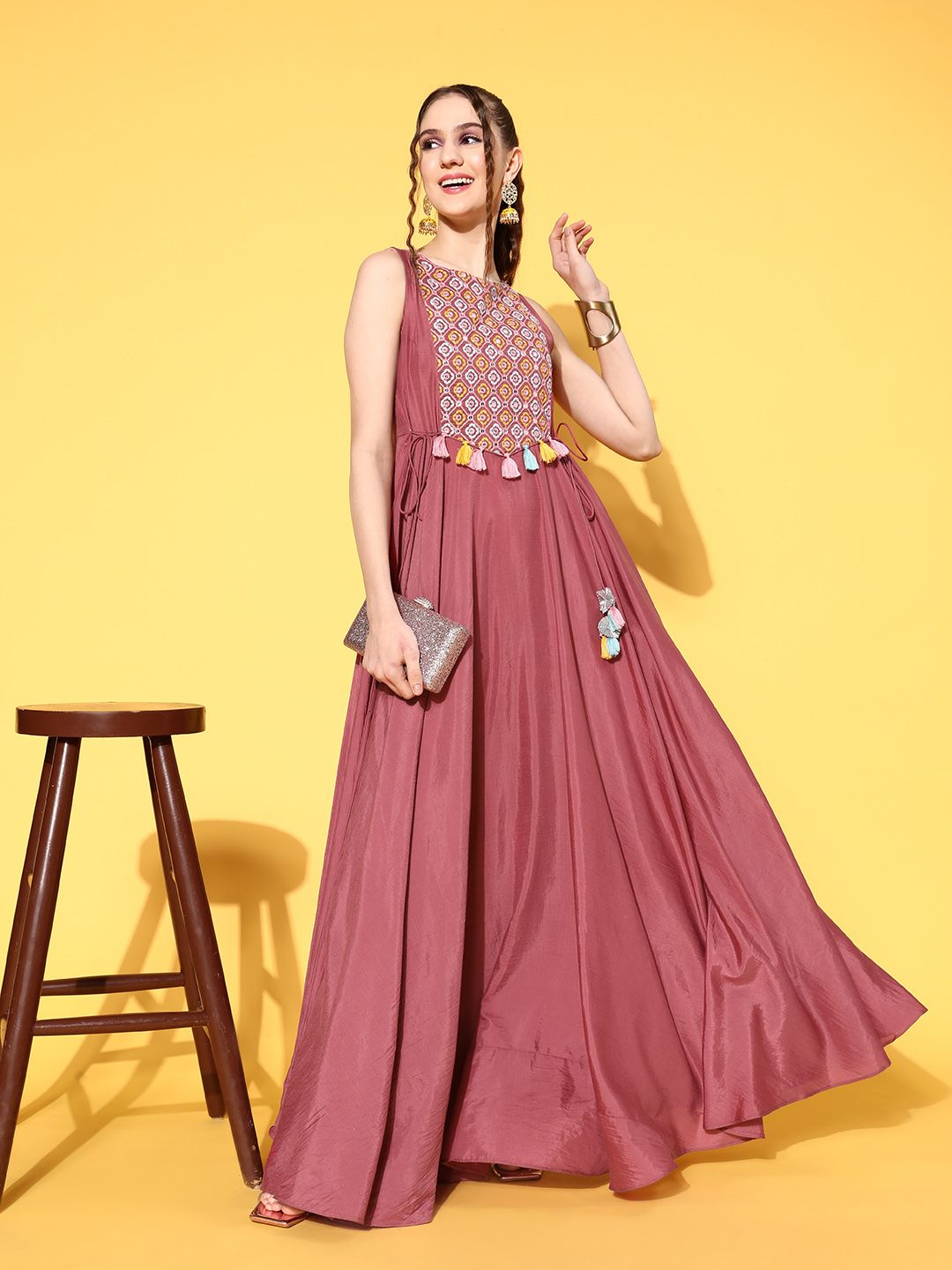 Inddus Pink Embroidered Maxi Dress With Tie-ups Price in India