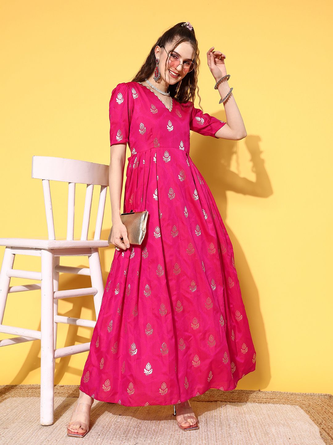 Inddus Magenta Ethnic Motifs Maxi Dress Price in India