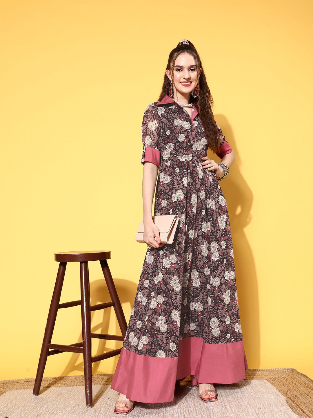 Inddus Black & Pink Floral Printed Georgette Maxi Dress Price in India