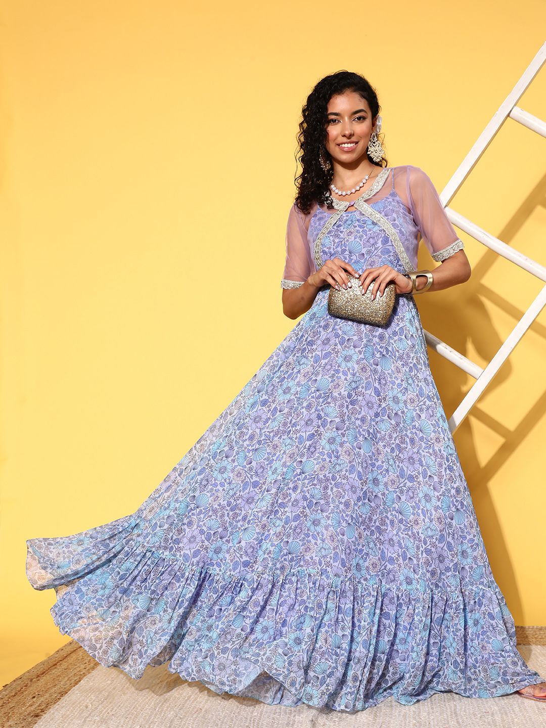 Inddus Lavender & Blue Floral Chiffon Maxi Dress With Net Jacket Price in India
