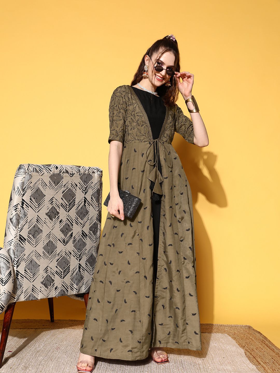 Inddus Black & Olive Green Embroidered Maxi Dress With Embroidered Jacket Price in India
