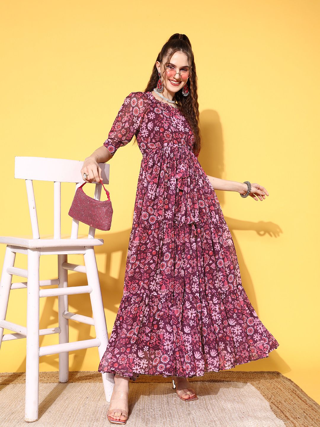 Inddus Purple Floral Print Puff Sleeves Georgette Maxi Dress Price in India