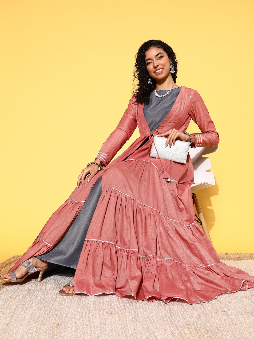 Inddus Grey & Peach-Coloured Maxi Dress With Mukaish Embroidered Jacket Price in India