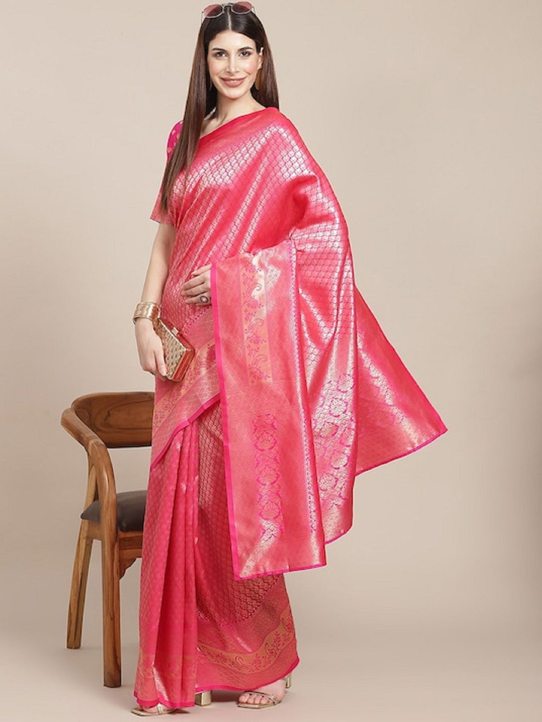Poshyaa Pink & Silver-Toned Woven Design Zari Silk Blend Kanjeevaram Saree Price in India
