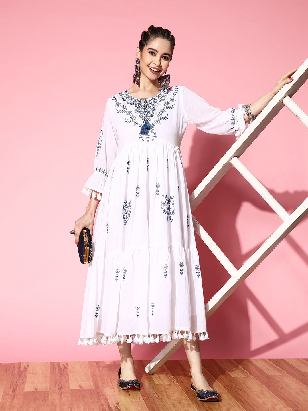 Indo Era Floral Embroidered Tie-Up Neck Layered Pure Cotton Ethnic A-Line Midi Dress Price in India