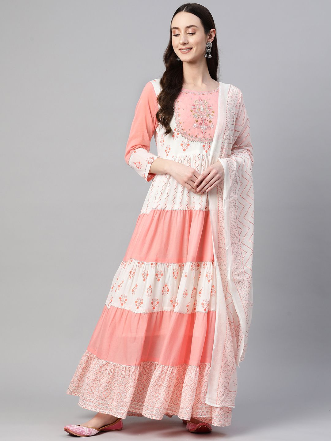 Readiprint Fashions Floral Embroidered Cotton Ethnic Maxi Dress Price in India