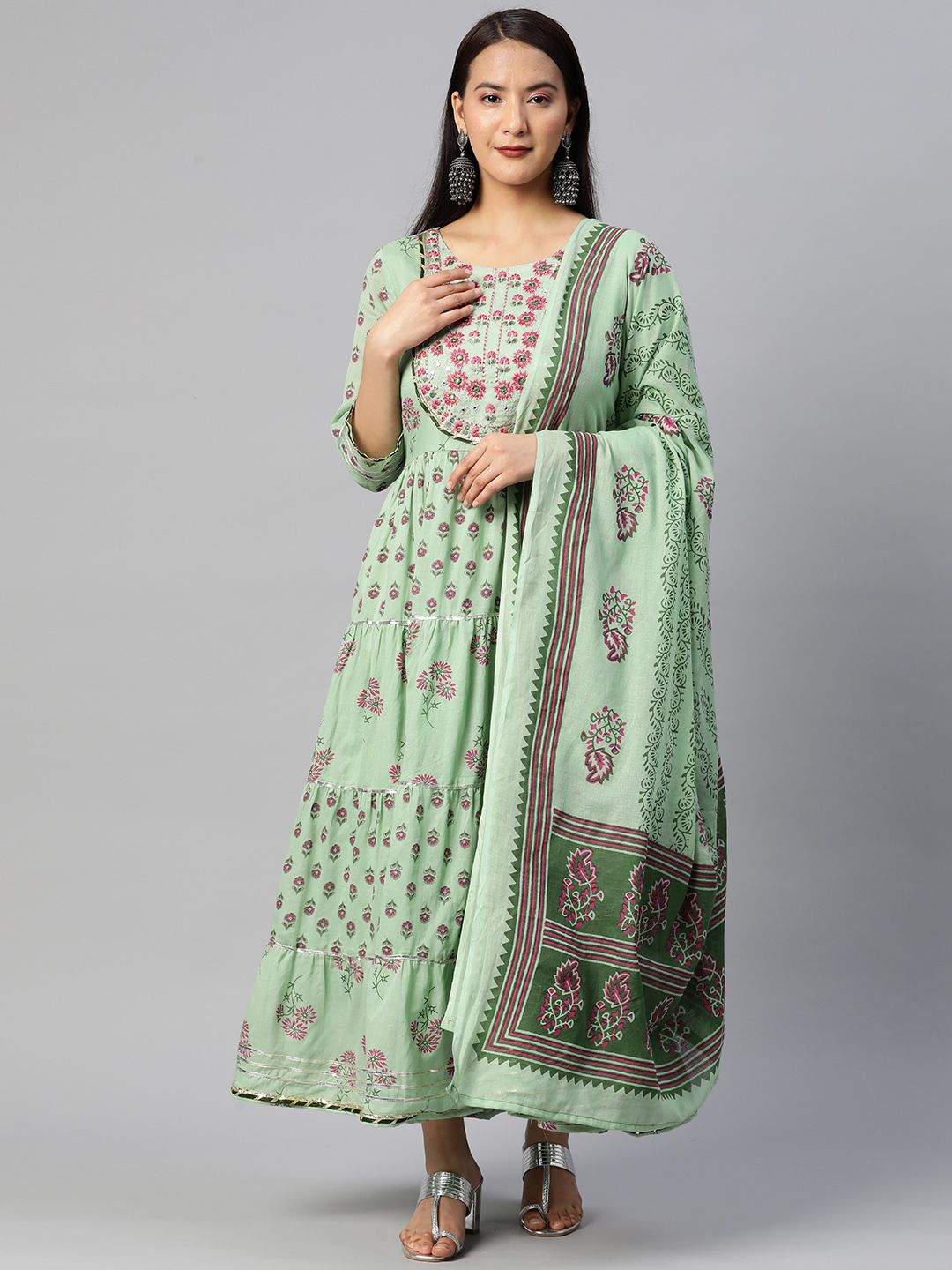 Readiprint Fashions Floral Embroidered Cotton Ethnic Maxi Dress Price in India