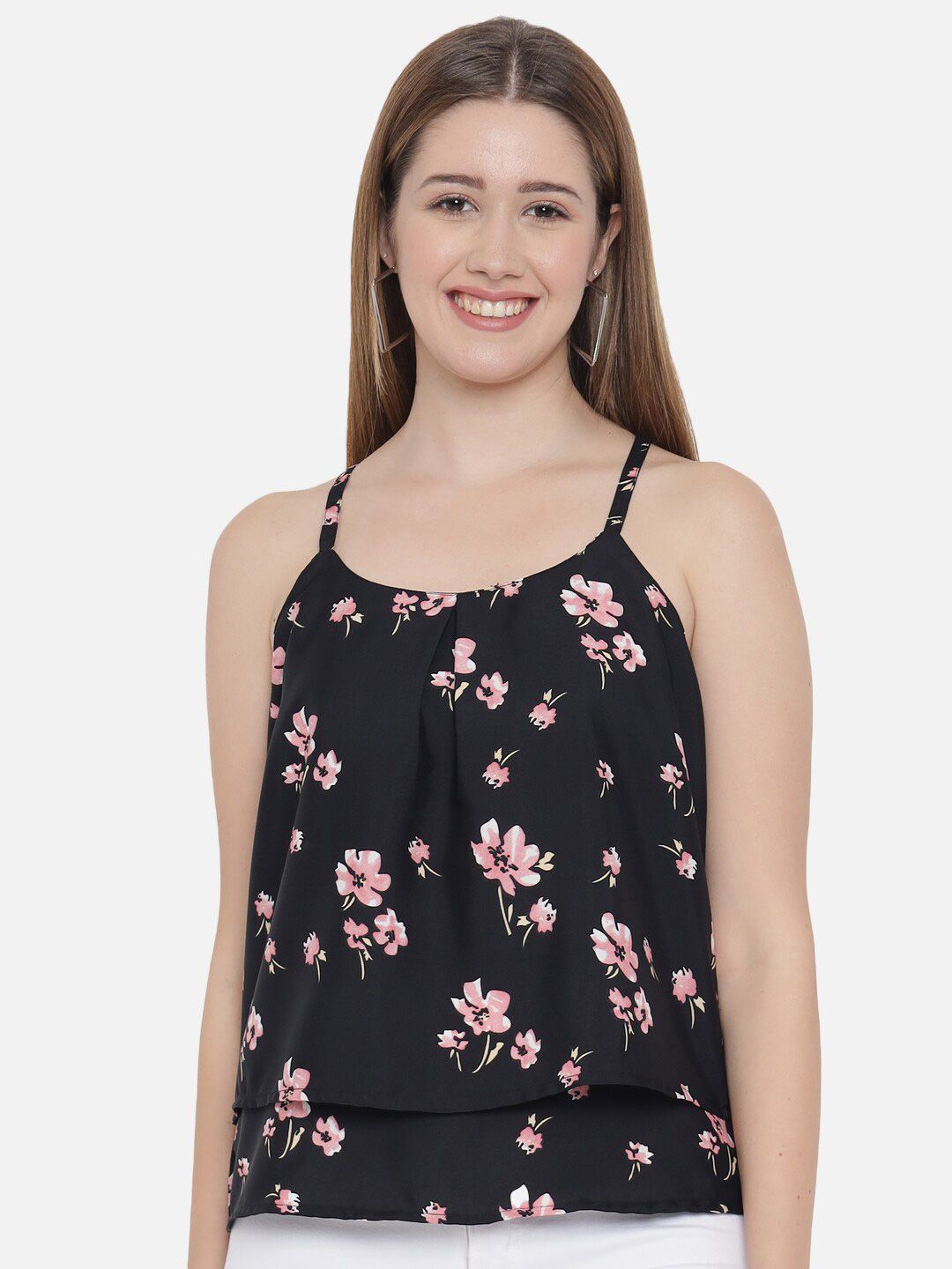Indietoga Black Floral Print Crepe Tiered Top Price in India