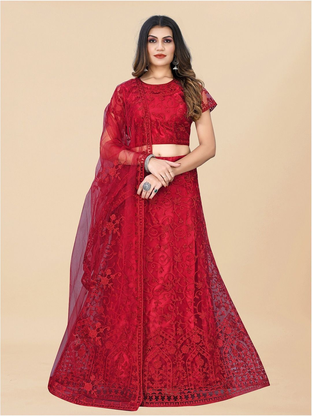 APNISHA Maroon Embroidered Thread Work Semi-Stitched Lehenga & Unstitched Blouse With Dupatta Price in India