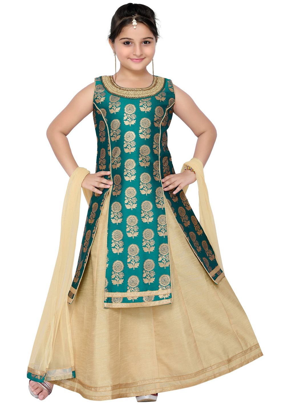 ADIVA Girls Teal Blue & Beige Woven Design Kurta Set with Dupatta