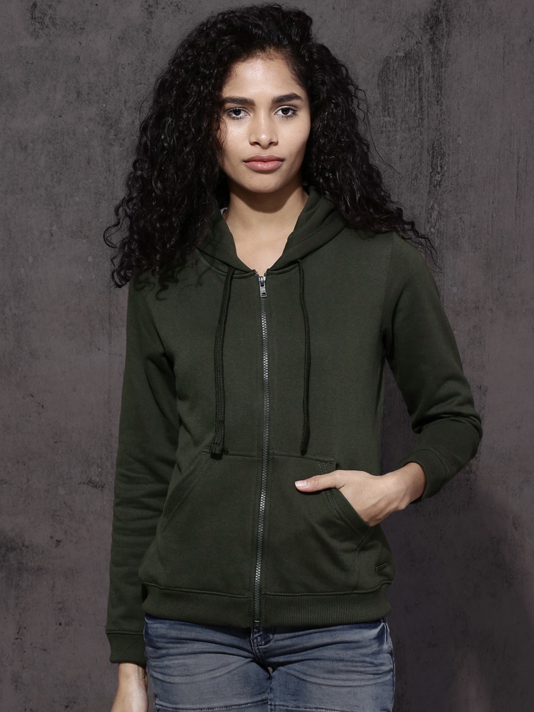 Roadster Women Olive Green Solid Hooded Sweatshirt Price in India