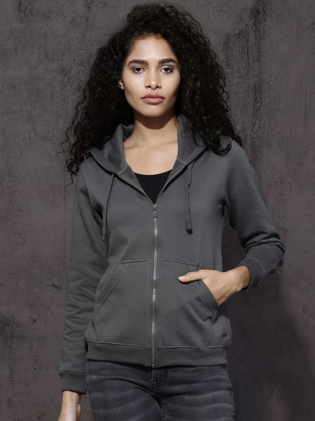 Roadster Women Grey Solid Hooded Sweatshirt Price in India