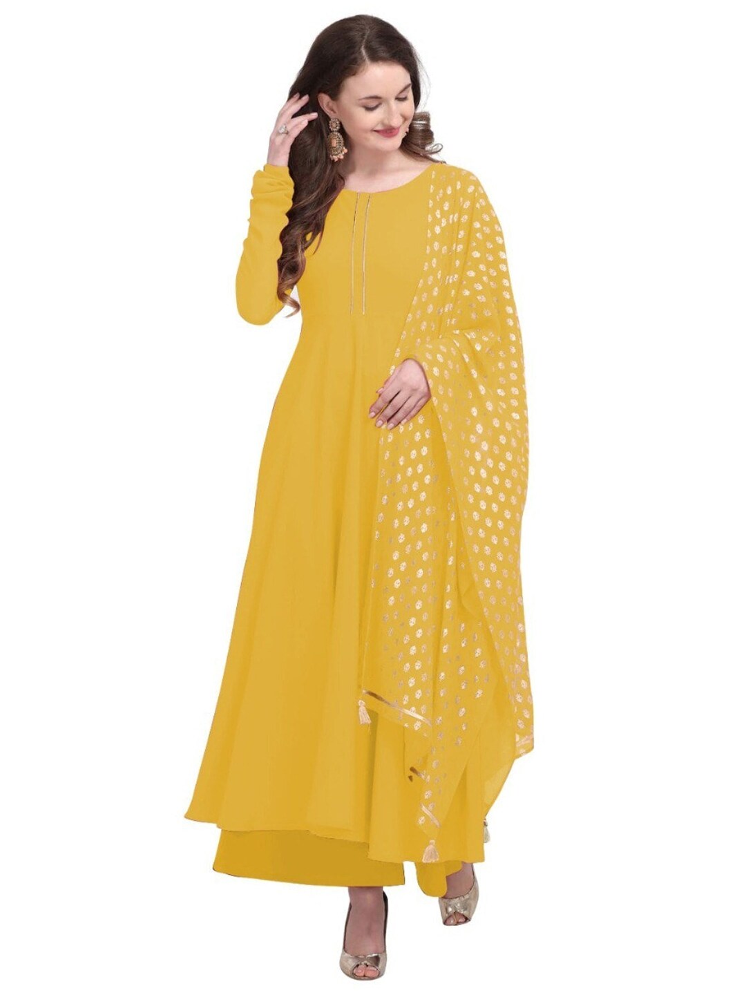 APNISHA Yellow Georgette Ethnic Maxi Maxi Dress Price in India