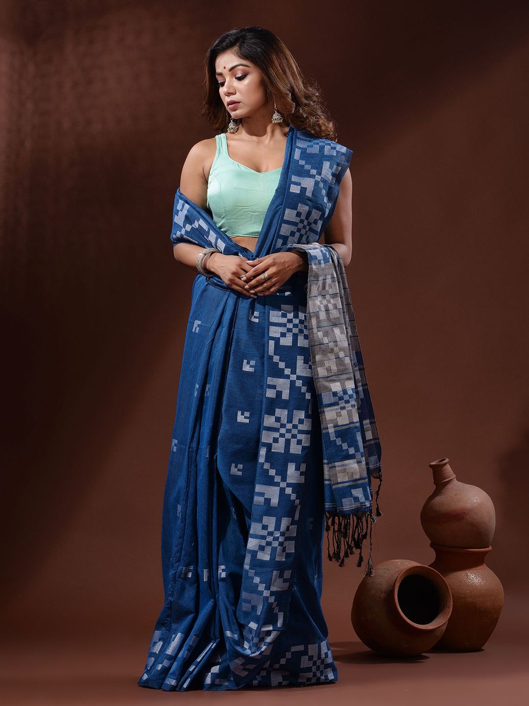 Charukriti Blue & Grey Woven Design Pure Cotton Saree Price in India