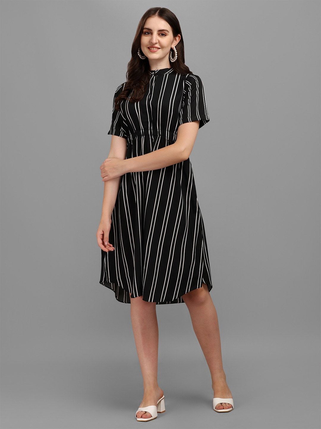 Vaidehi Fashion Black Striped Crepe A-Line Dress Price in India