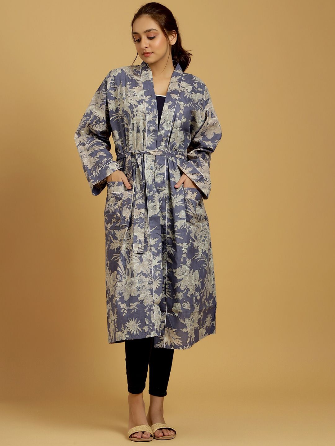 HANDICRAFT PALACE Women Grey Floral Printed Pure Cotton Bath Robe With Belt