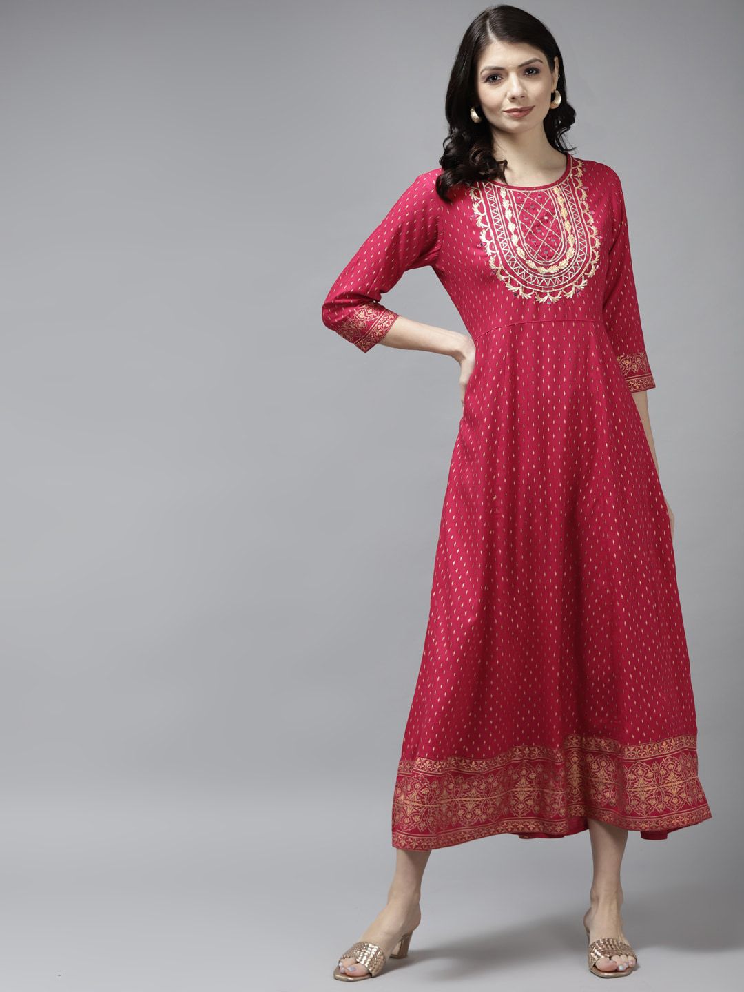 Yufta Red Ethnic Motifs Printed Embellished detailed Midi Fit & Flare Dress Price in India