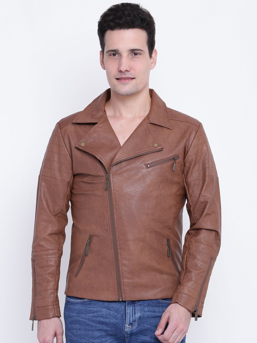 United Colors Of Benetton Men Brown Solid Biker Jacket
