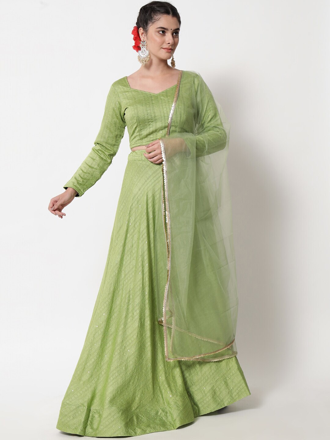 DIVASTRI Lime Green & Gold-Toned Embroidered Sequinned Semi-Stitched Lehenga & Unstitched Blouse With Price in India