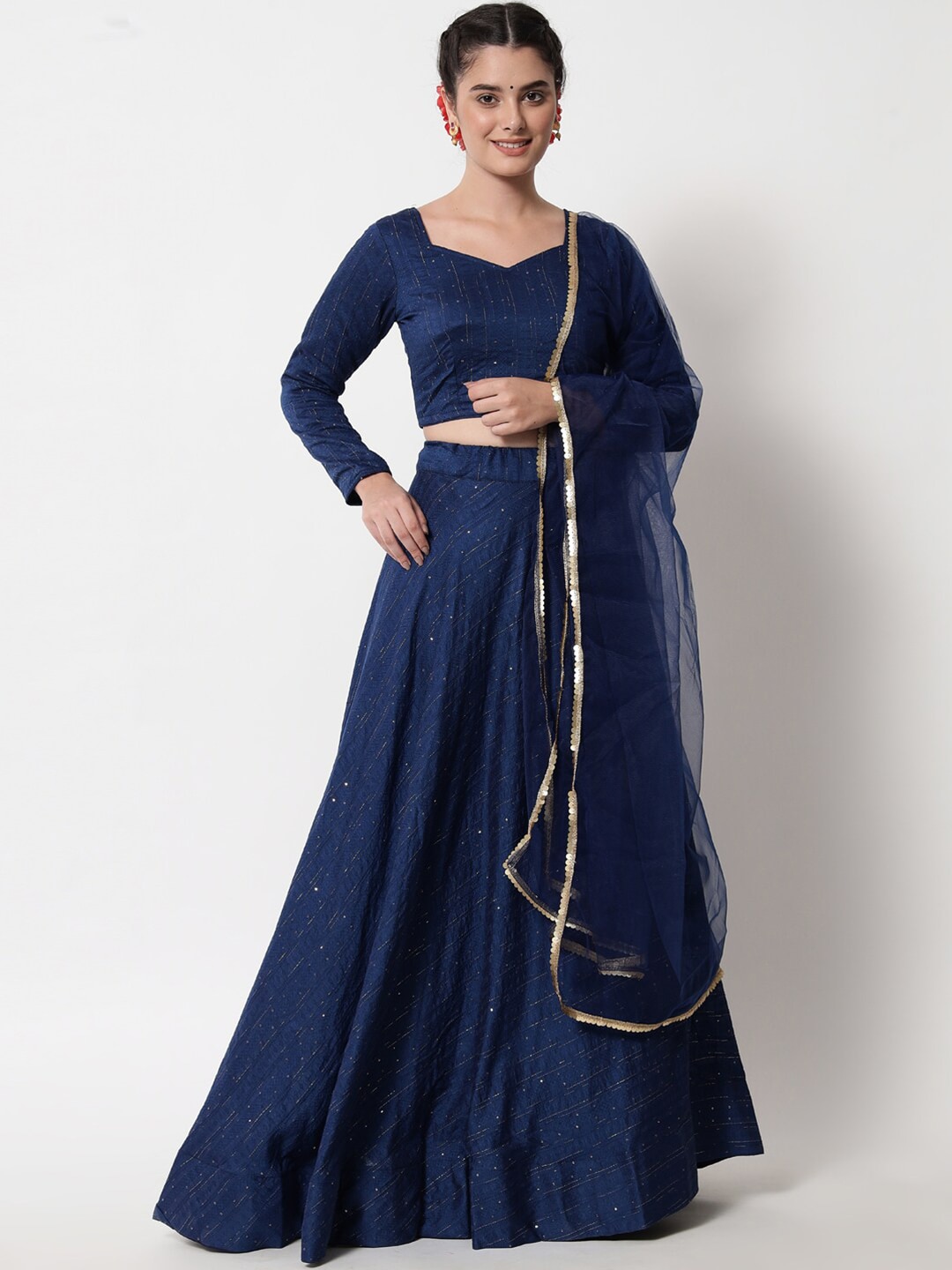DIVASTRI Navy Blue & Gold-Toned Embroidered Semi-Stitched Lehenga & Unstitched Blouse With Dupatta Price in India