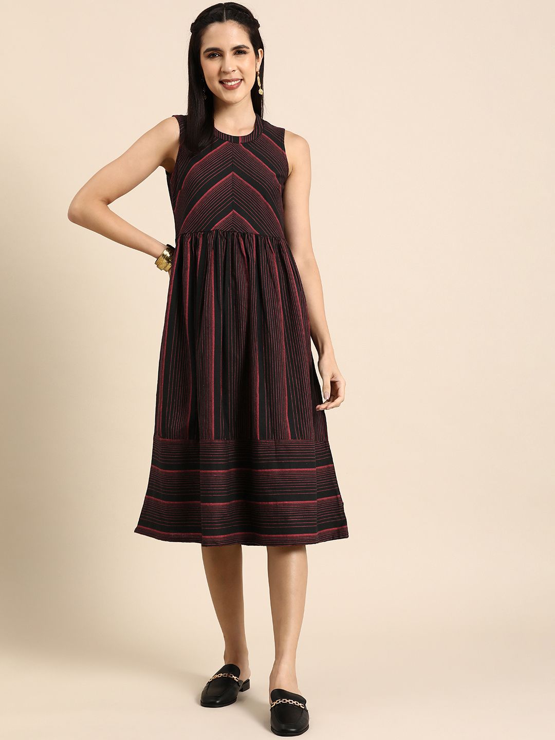 Anouk Striped Sleeveless A-Line Midi Dress Price in India