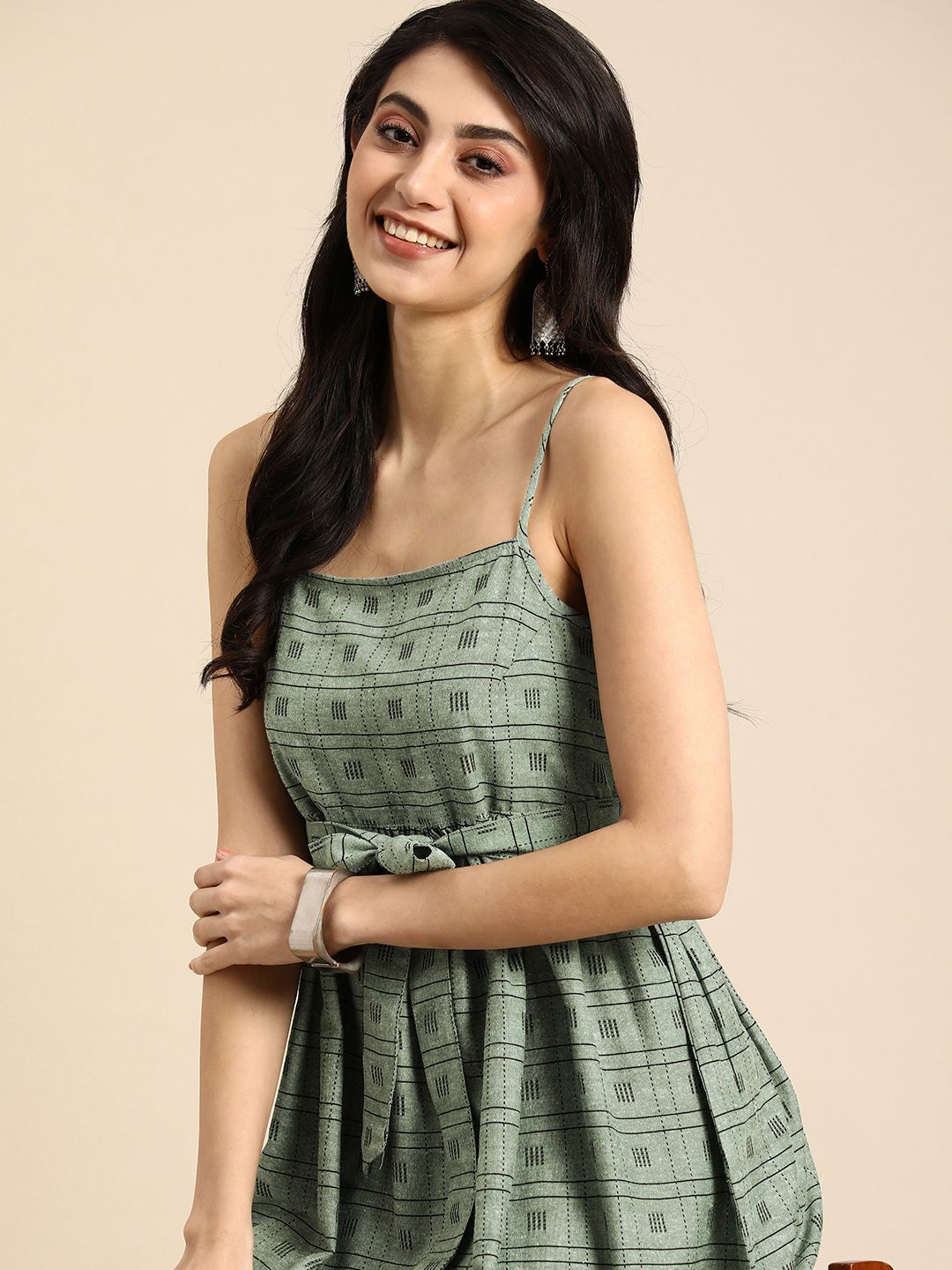 Anouk Shoulder Straps Checked A-Line Dress With Tie Up Detailing Price in India