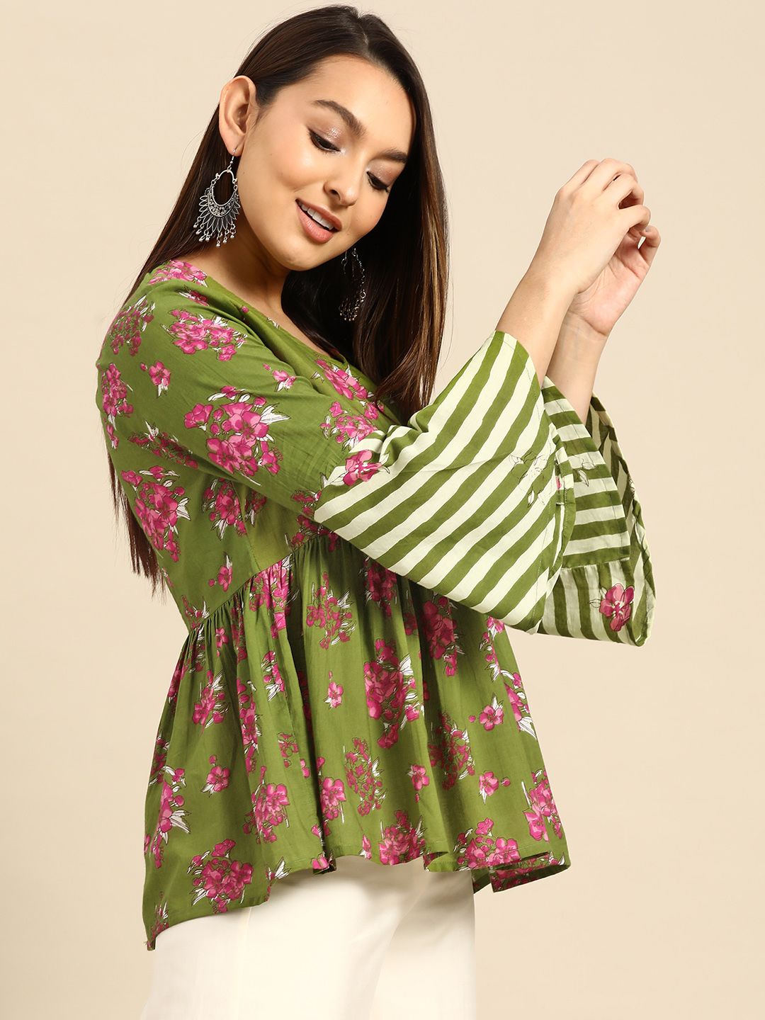 Anouk Floral Print Bell Sleeve Pure Cotton Peplum Top Price in India