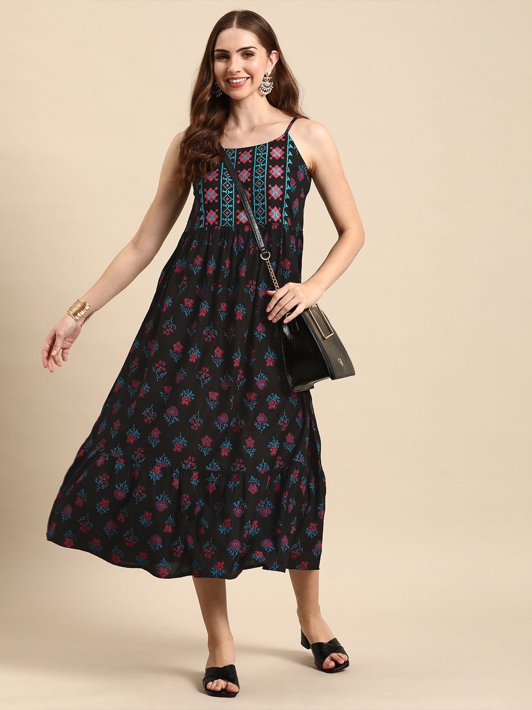 Anouk Shoulder Straps Floral Embroidered Empire Style Tiered Midi Dress Price in India
