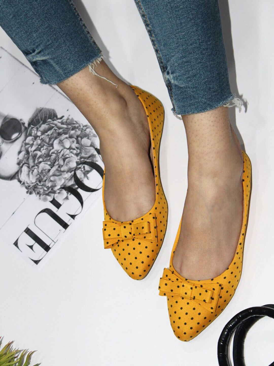 Brauch Women Mustard Printed Ballerinas with Bows Flats Price in India