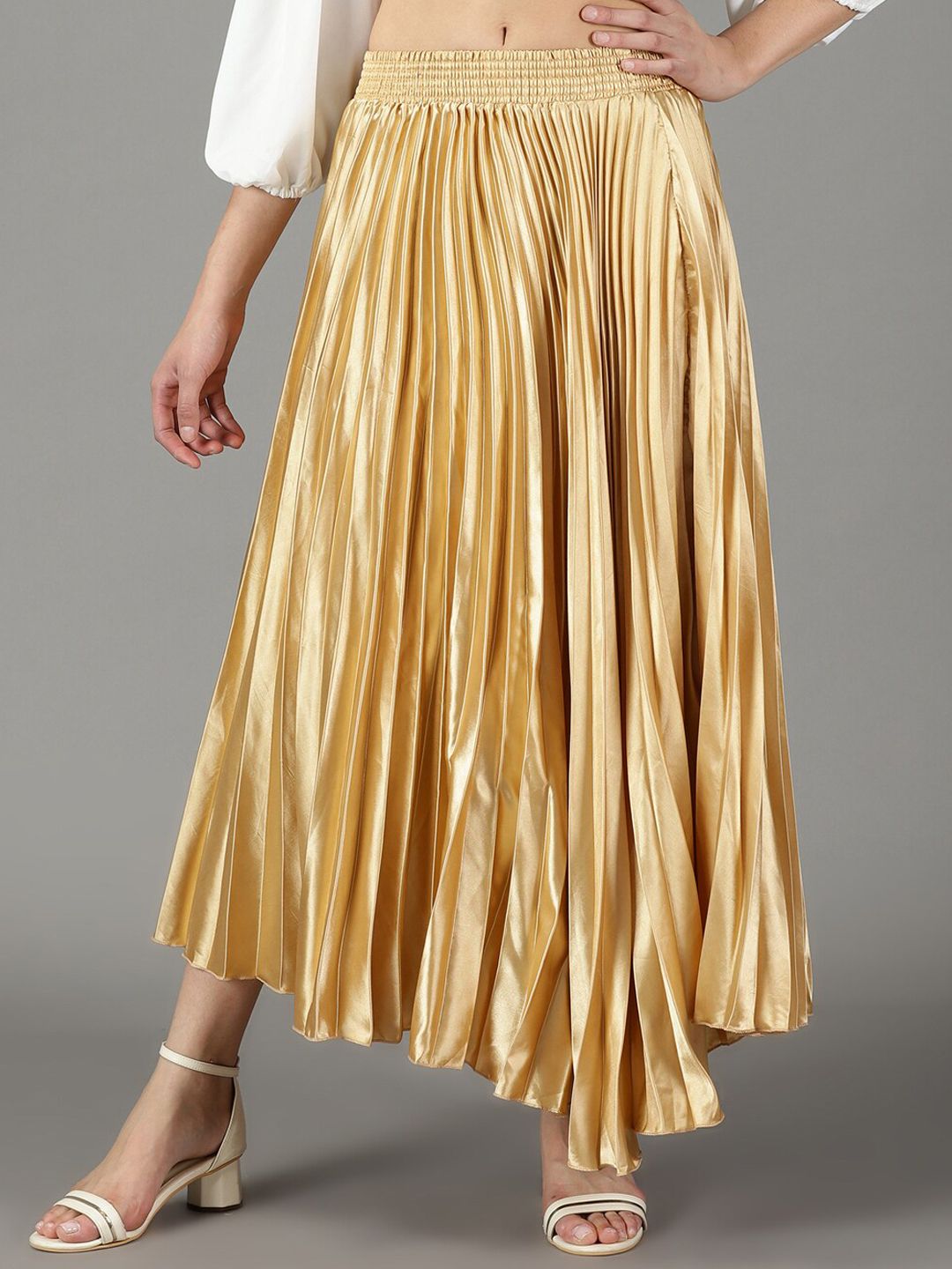 SHOWOFF Satin Accordion Pleated Flared Maxi Skirt