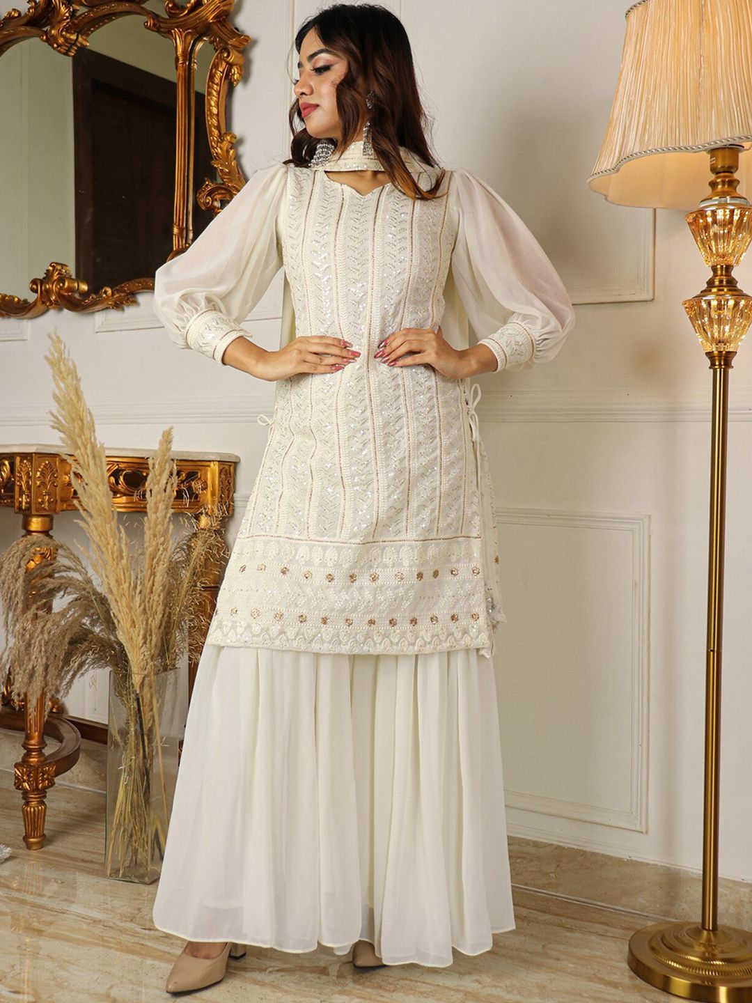 Virah Fashion Women Off White Ethnic Motifs Embroidered Sequinned Kurta with Sharara & With Dupatta Price in India