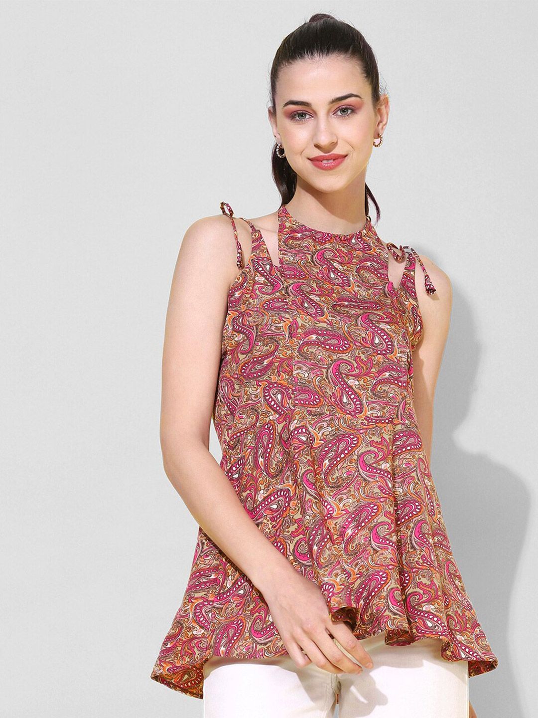 Selvia Ethnic Motifs Printed Tie-Up Detail Crepe Top Price in India
