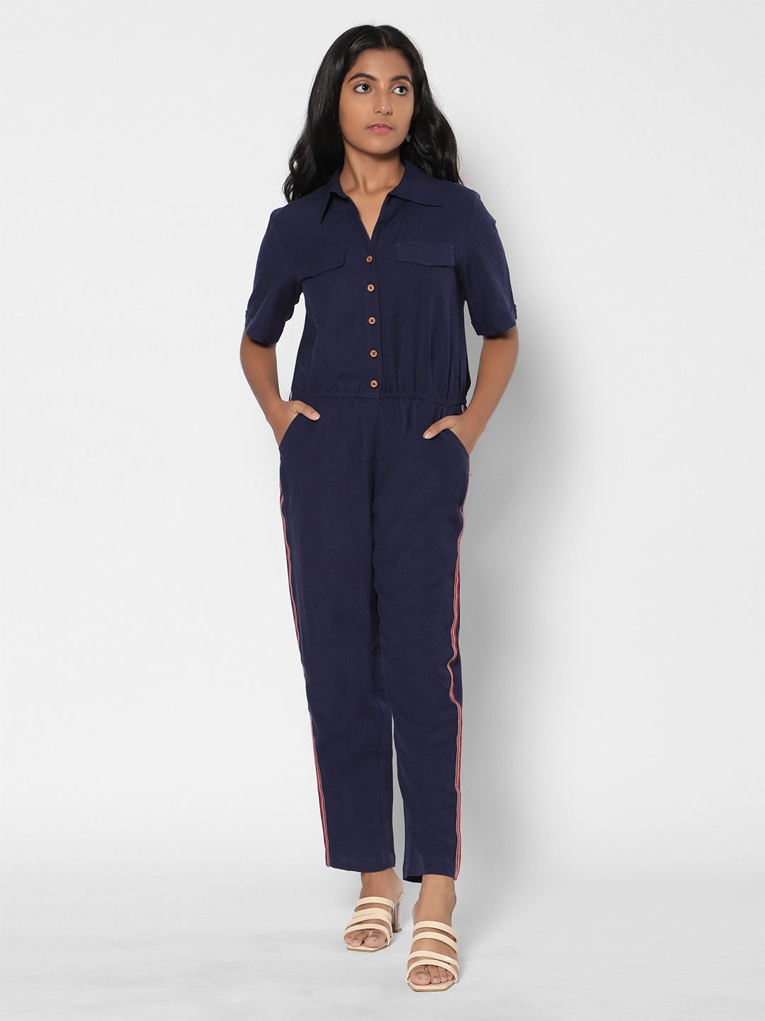 TeenTrums Girls Spread Collar Basic Jumpsuit