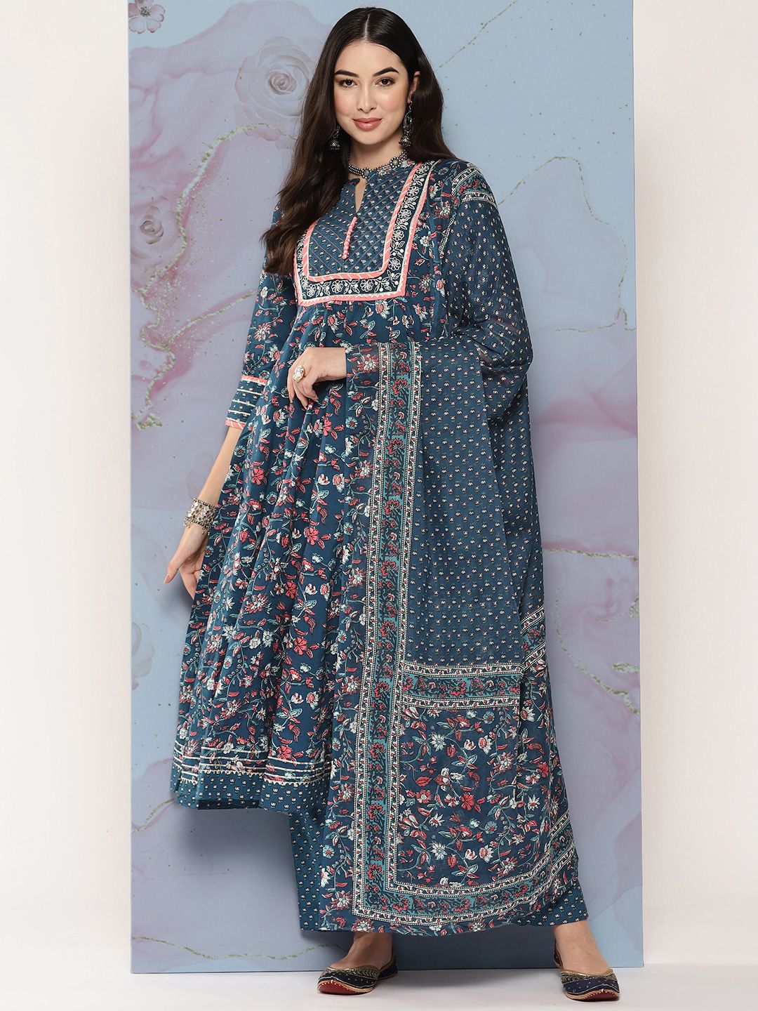KALINI Floral Embroidered Gotta Patti Pure Cotton Kurta Set With Dupatta Price in India