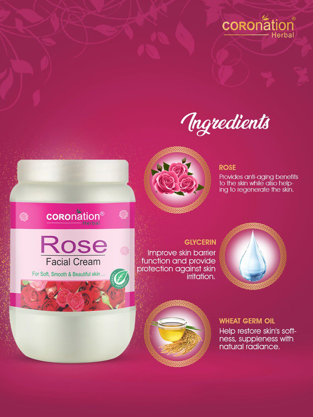 Buy COROnation Herbal Rose Facial Cream with Glycerin & Wheat Germ