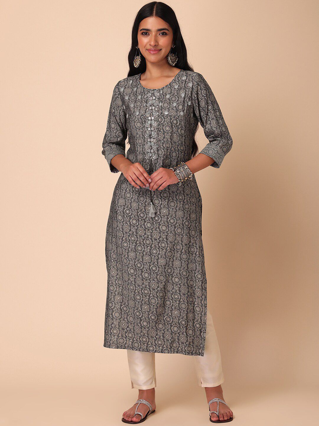 INDYA Women Printed & Embroidered Pure Cotton Straight Kurta Price in India