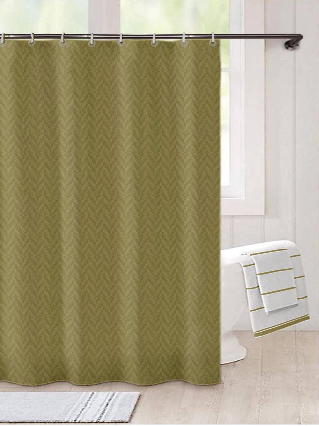 Lushomes Olive Green Woven Design Water Resistant Shower Curtain