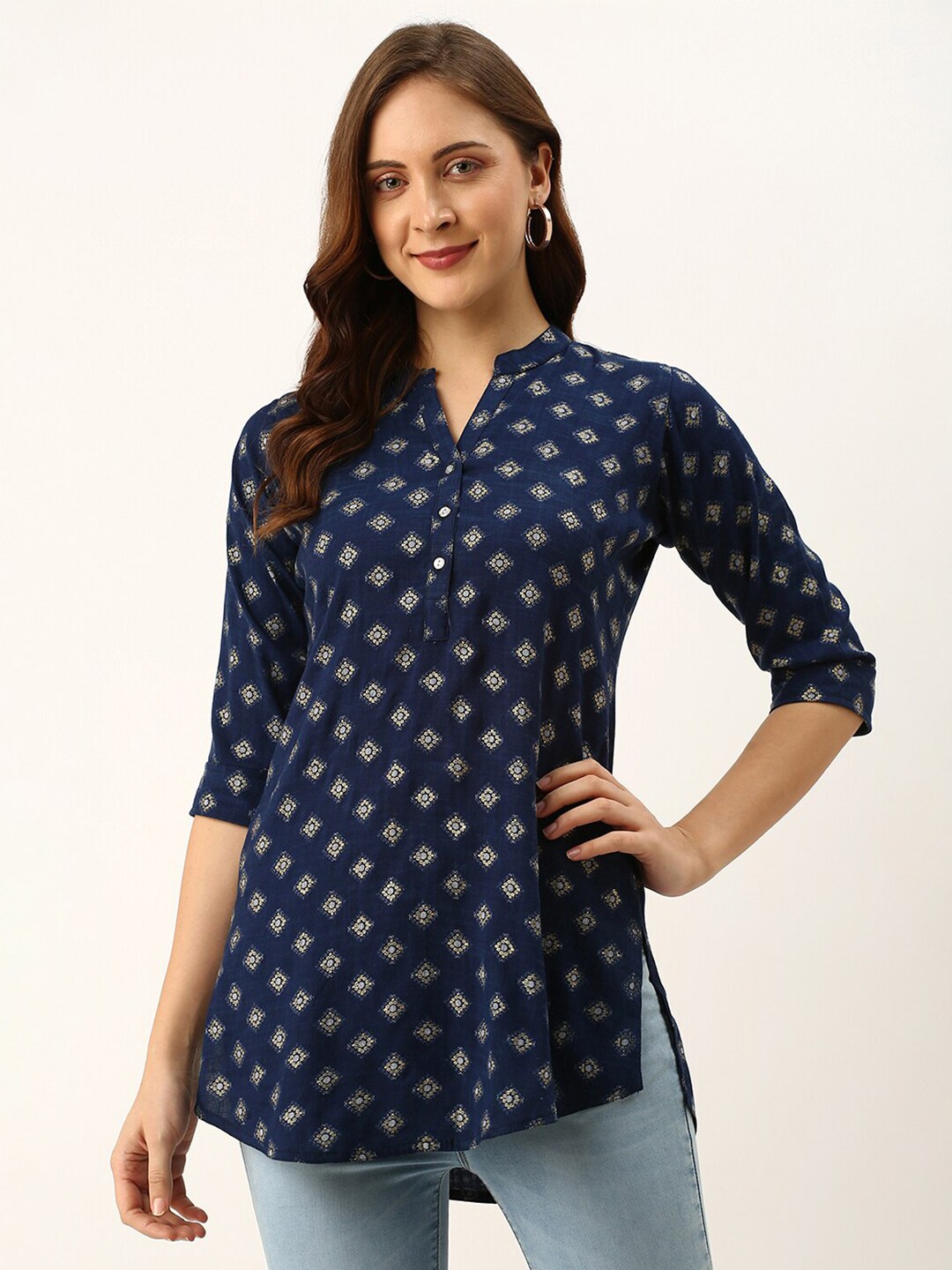 ZOLA Blue & Gold-Toned Viscose Rayon Mandarin Collar Embroidered Tunic Price in India