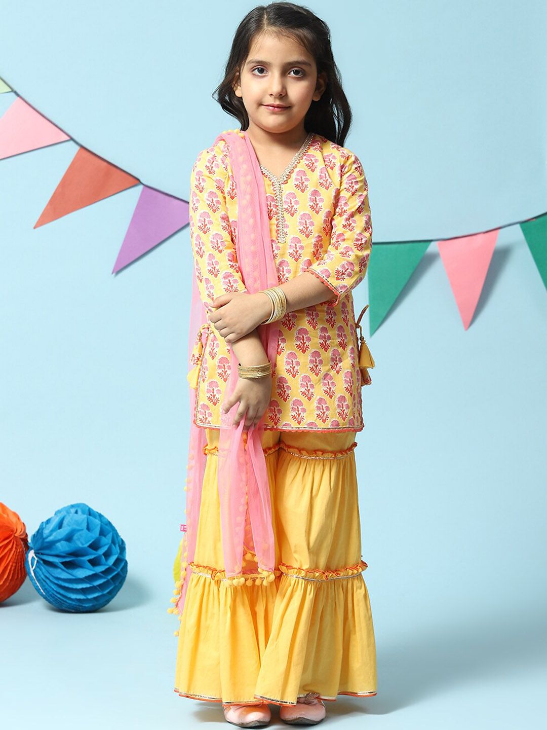 Biba Girls Floral Printed Kurta with Sharara & Dupatta