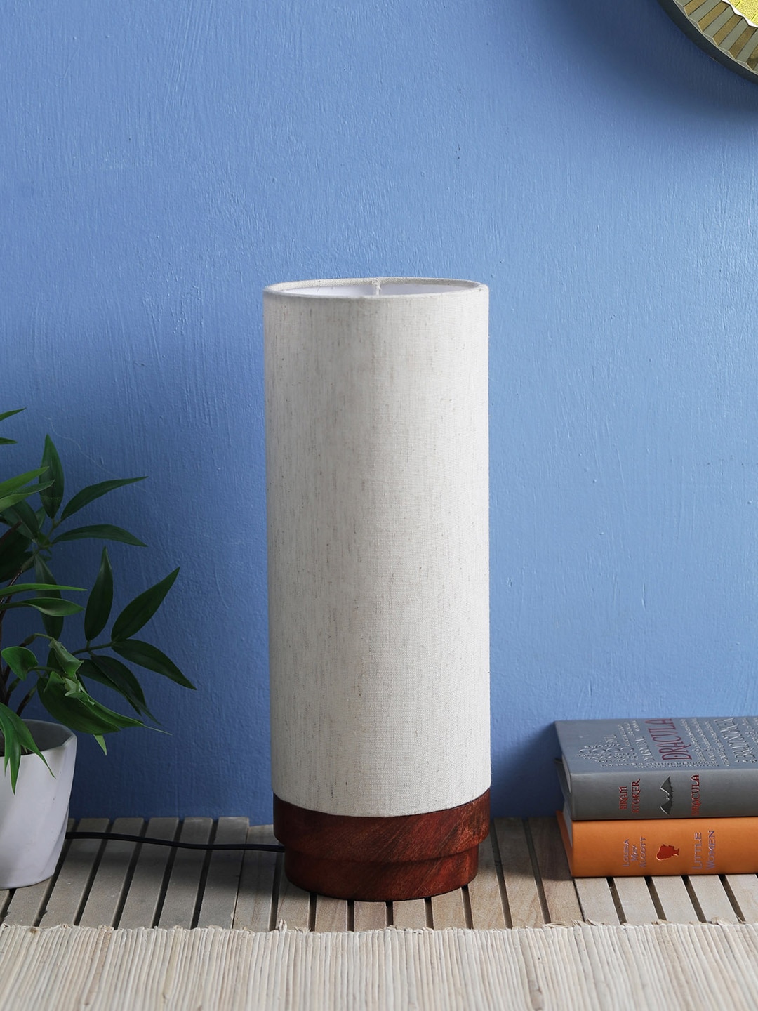 VarEesha White & Brown Fabric with Wooden Base Handpainted Column Table Lamp Price in India