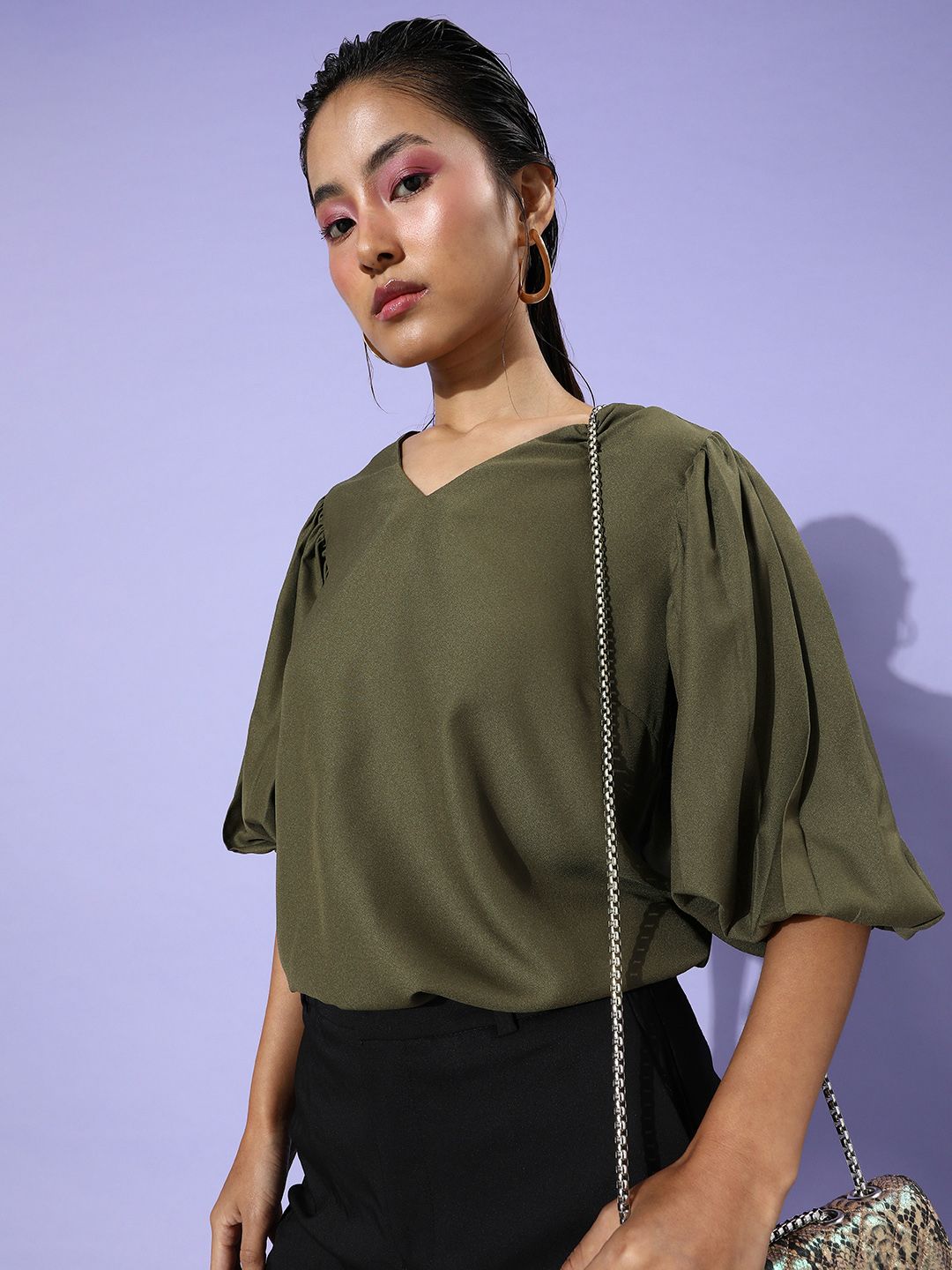her by invictus Olive Green Solid Once Upon A Sleeve Top Price in India